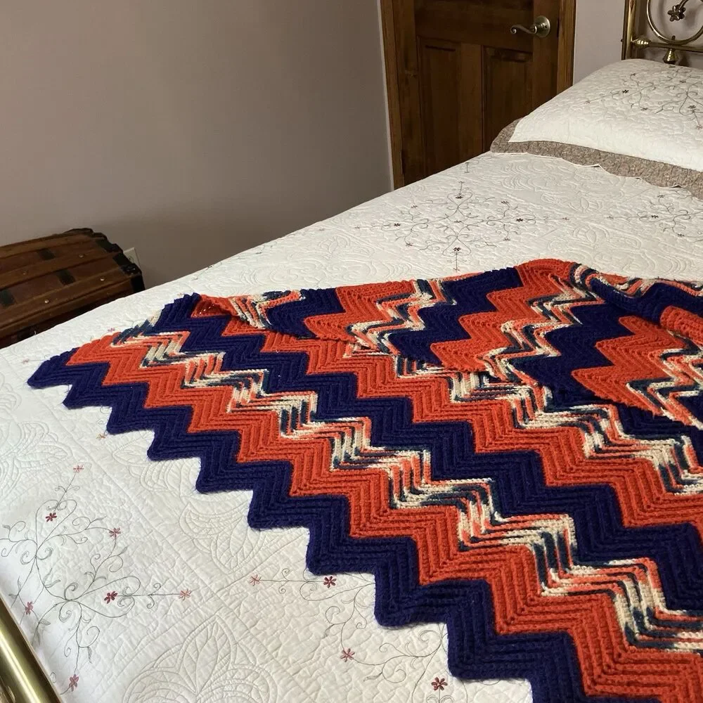 Vtg Handmade Crochet Afghan Throw Zig Zag Chevron Approx 50X65 Blue Orange Bears